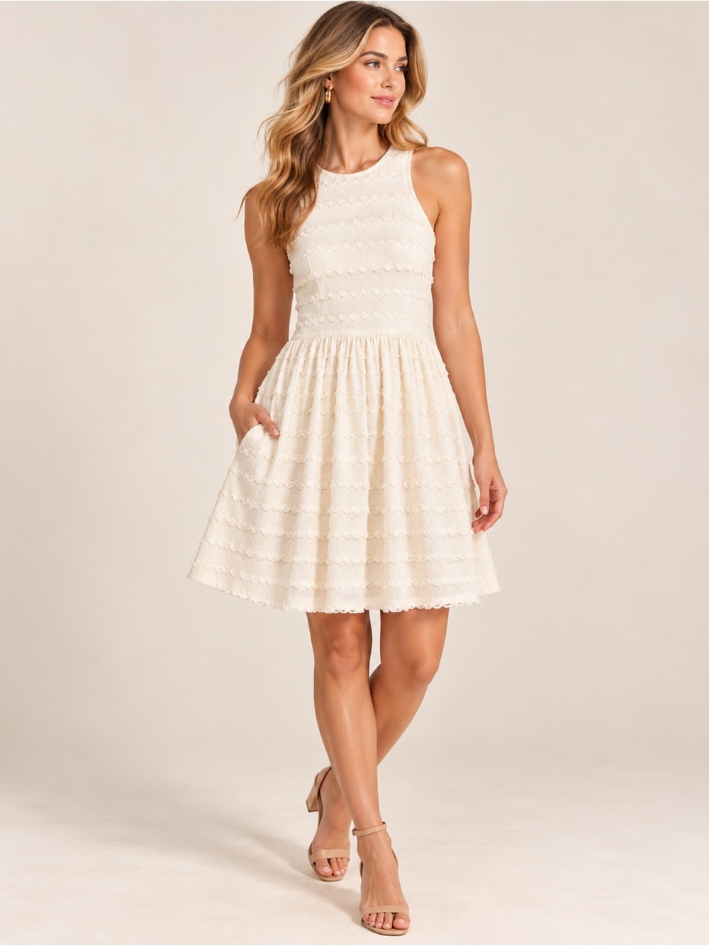 Trina Turk April Eyelash Fringe Fit Flare Dress Ivory Size 0 Pockets